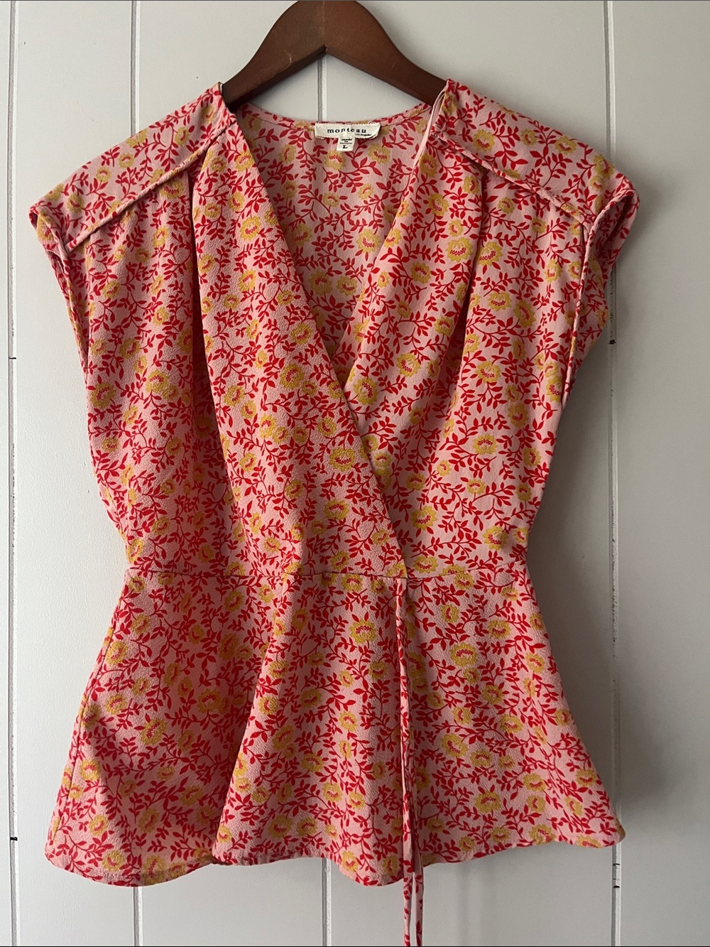 Monteau Pink and Yellow Floral Wrap Blouse